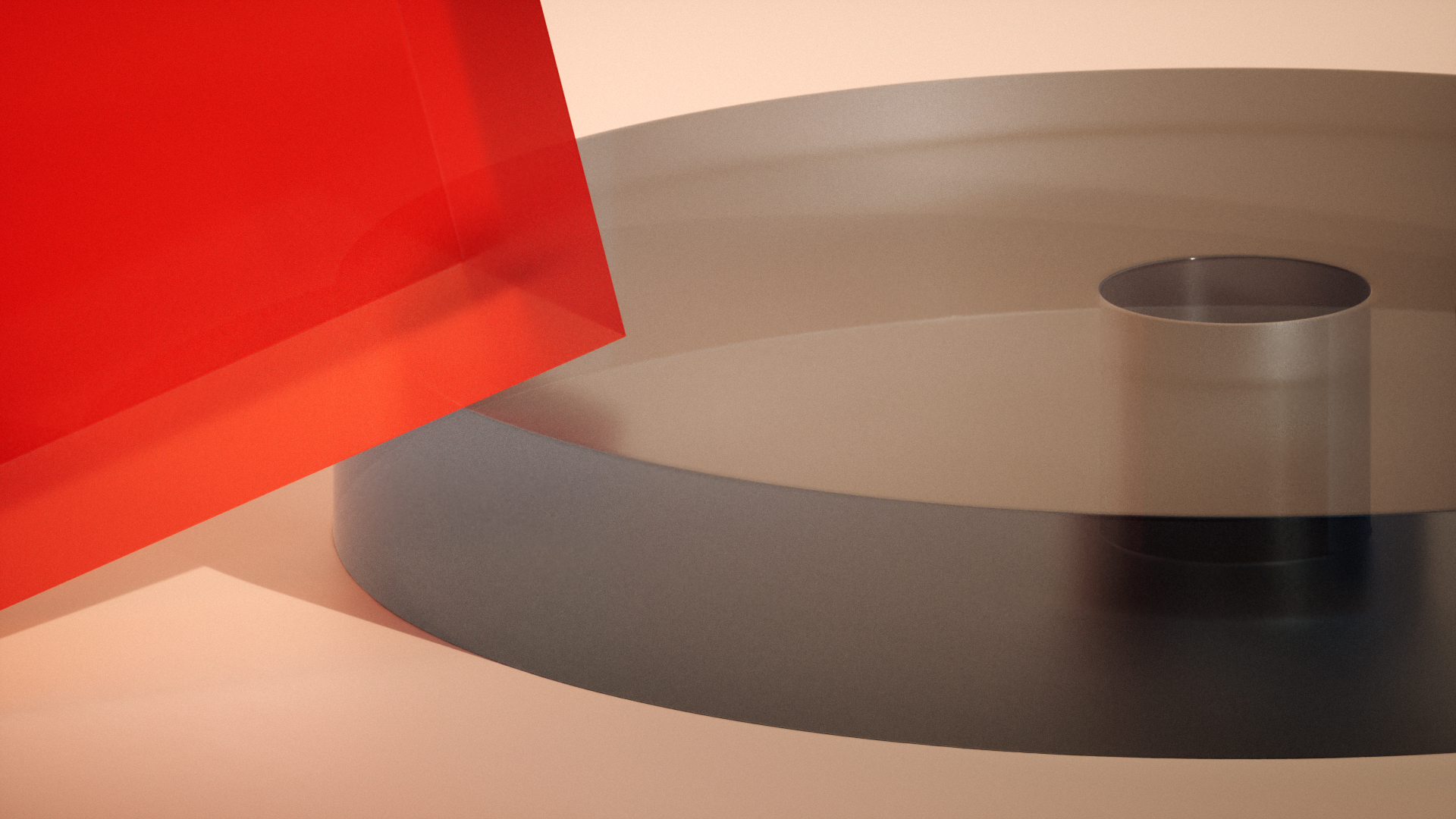 Abstract 3D composition of red translucent planes, curved grey surfaces and cylindrical forms on a neutral ground