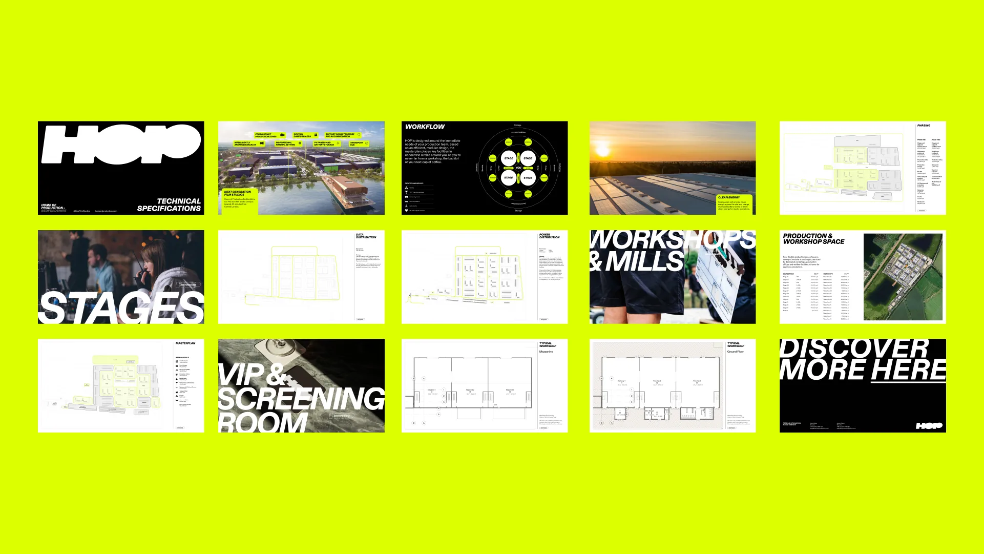 A set of pages from a brochure supplied to prospective tenants, showing floorplans, mock-ups and a site overview