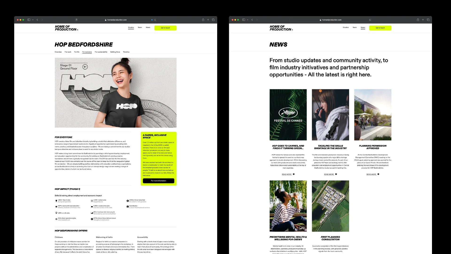 Screenshots which show the web design and branding of the HOP site